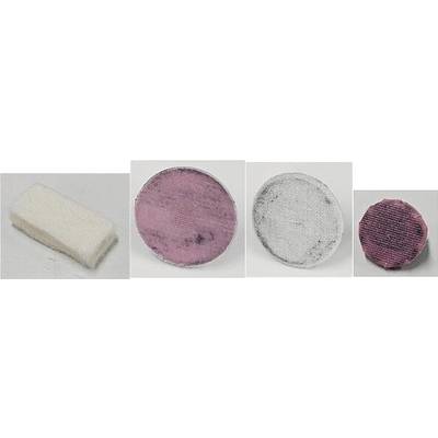Four different cleaning pads, each with a different colour and texture: white firm, pink coarse, grey smooth, red fine.