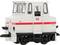 A model of a white shunting locomotive with a red stripe and DB logo. It has an angular shape and no visible rails.