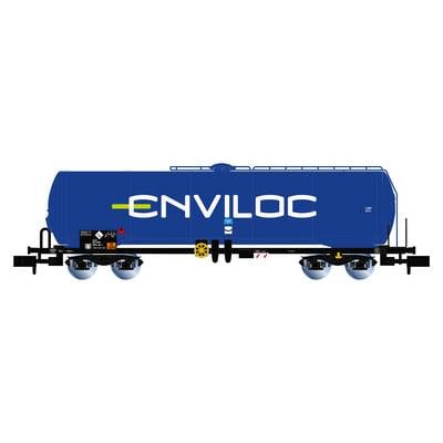 Blue tanker wagon with 'ENVILOC' written on the side, standing on railway tracks, suggesting the transport of liquids.
