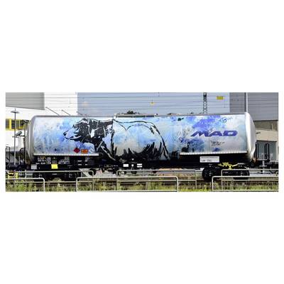 A tanker wagon on a train, painted with a large black bear on a blue background. 'MAD' text and safety markings visible.