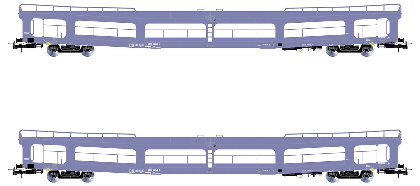 Two blue railway wagons without a roof, with side railings. Suitable for transporting vehicles or large items.