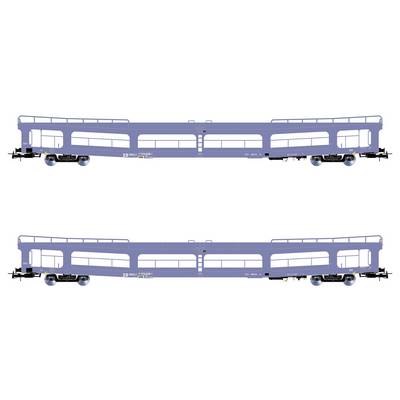 Two blue railway wagons without a roof, with side railings. Suitable for transporting vehicles or large items.