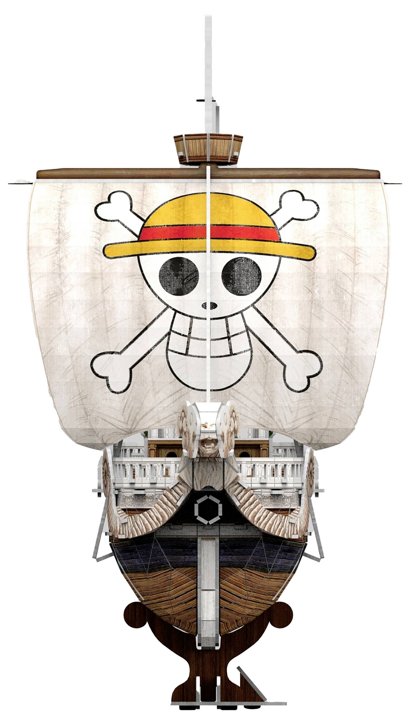 A sailing ship with a skull motif on its sail. The design features a straw-coloured hat and crossed bones.