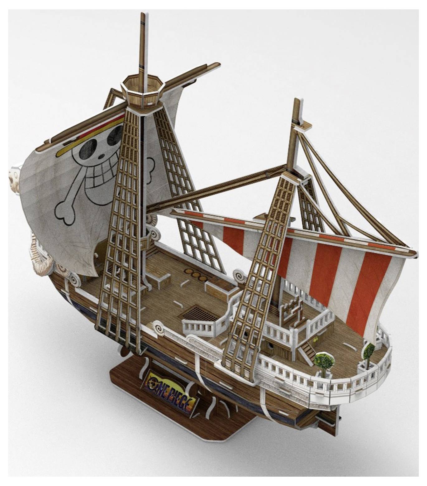 A detailed model of a pirate ship with large sails and a laughing skull, surrounded by red stripes.