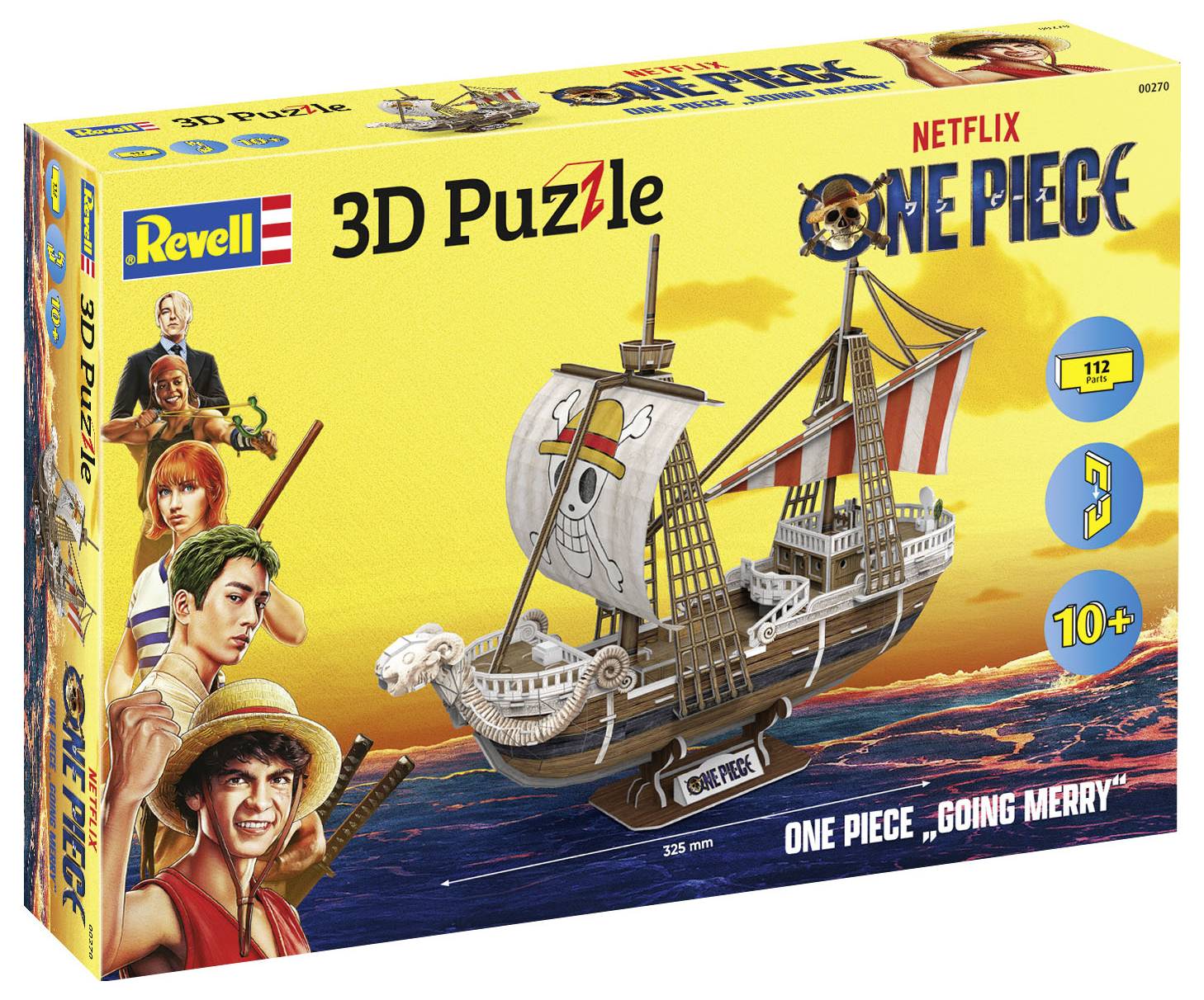 3D Puzzle of 'One Piece', featuring the ship 'Going Merry'. Contains 112 pieces, recommended for ages 10 and above. Colourful packaging with character illustrations.