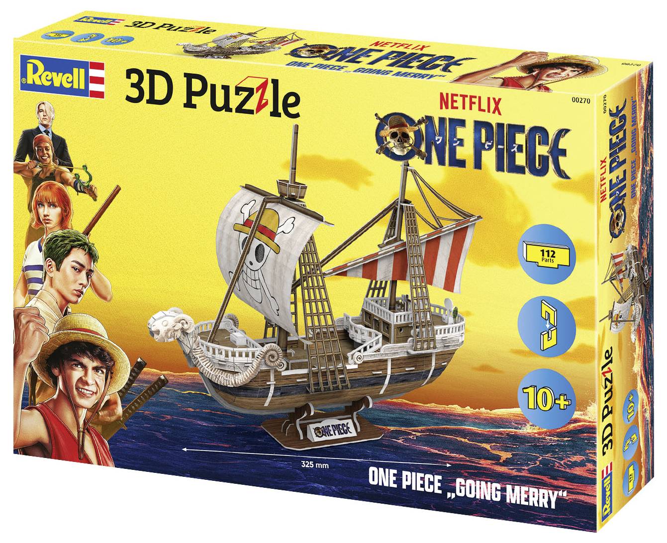 Packaging for the 3D puzzle 'Going Merry' from 'One Piece' featuring a ship representation and illustrations of series characters. Suitable for ages 10 and above.