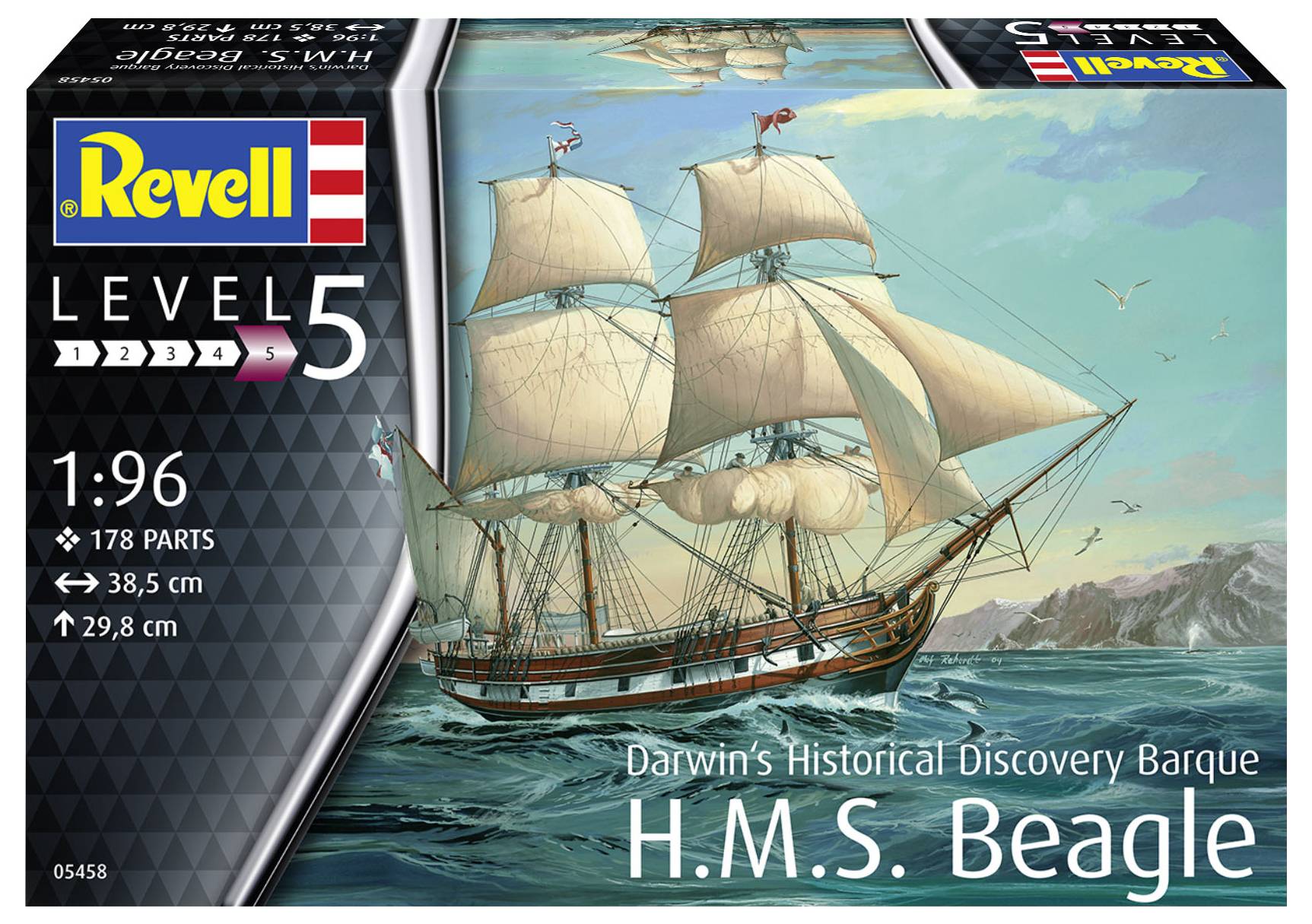 Model kit of the 'H.M.S. Beagle', Level 5, in 1:96 scale, with 178 parts. Box with an image of the historic sailing ship on the water.