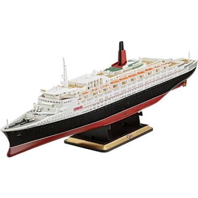 A highly detailed model of a large cruise ship with a red and black hull, white superstructures, and funnel.