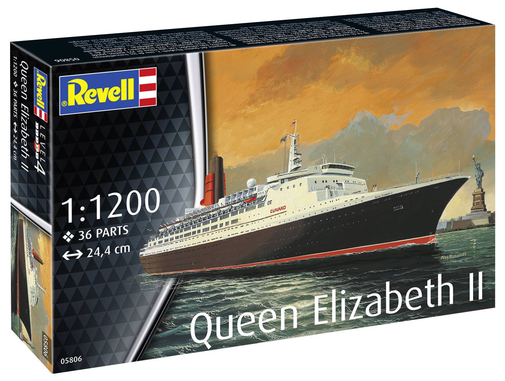 Model kit packaging for the 'Queen Elizabeth II' by Revell, scale 1:1200, contains 36 parts, finished length 24.4 cm.