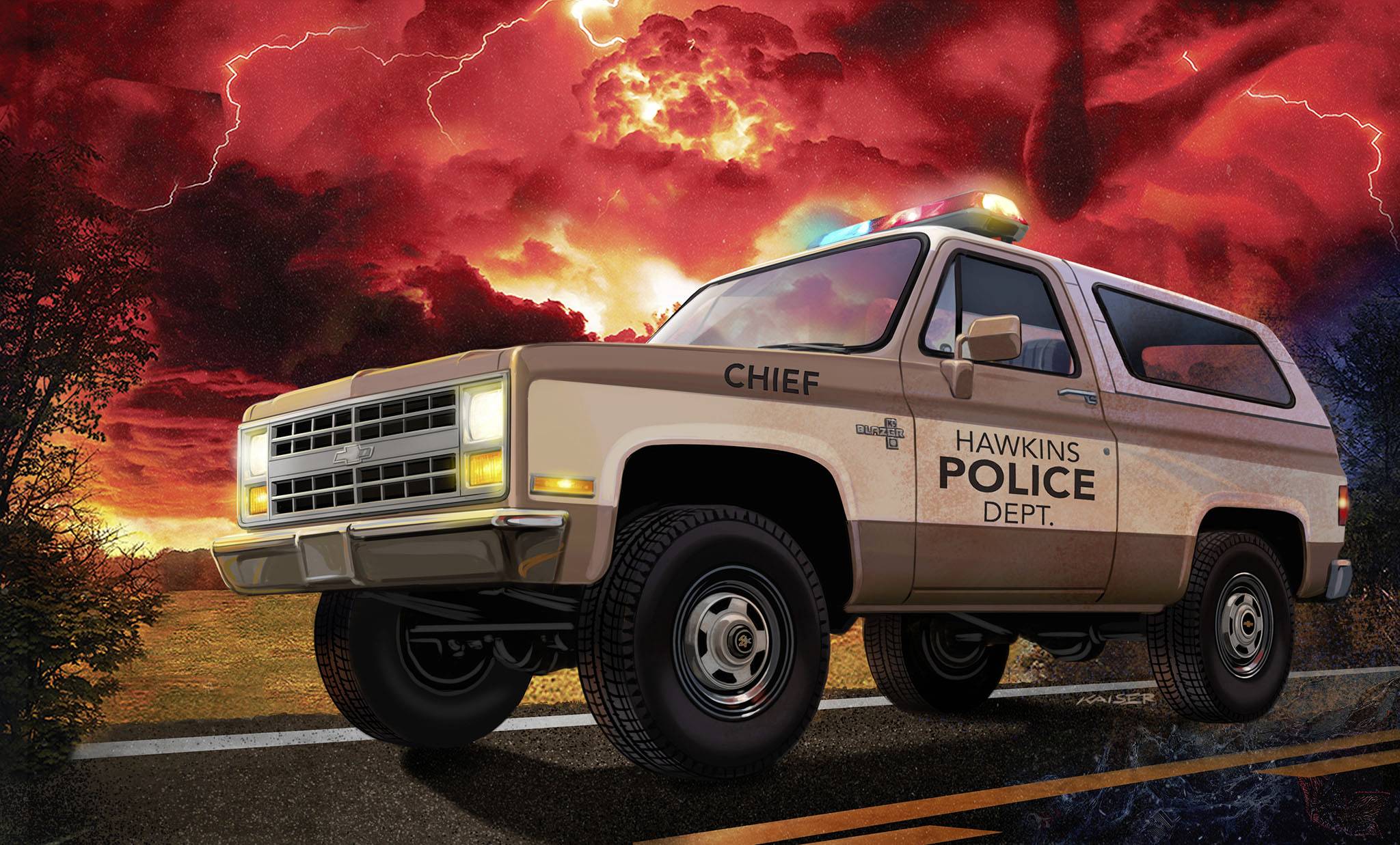 A police car with the inscription 'Hawkins Police Dept.' is parked on a street beneath a dramatically red, cloudy sky.