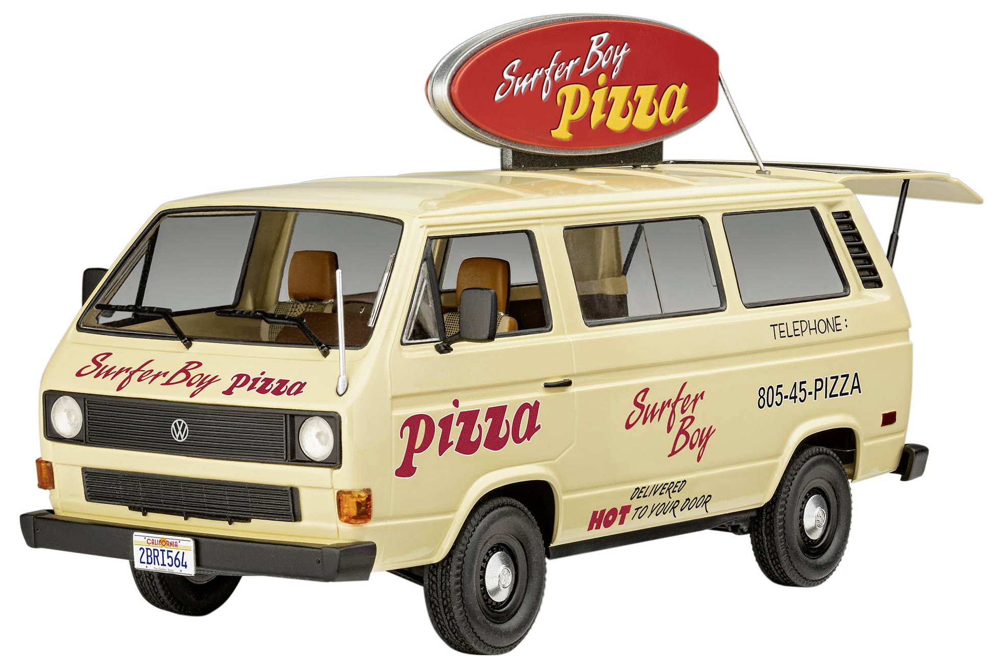 A cream-coloured delivery van with the writing 'Surfer Boy Pizza' and a sign on the roof. The van offers pizza delivery service.