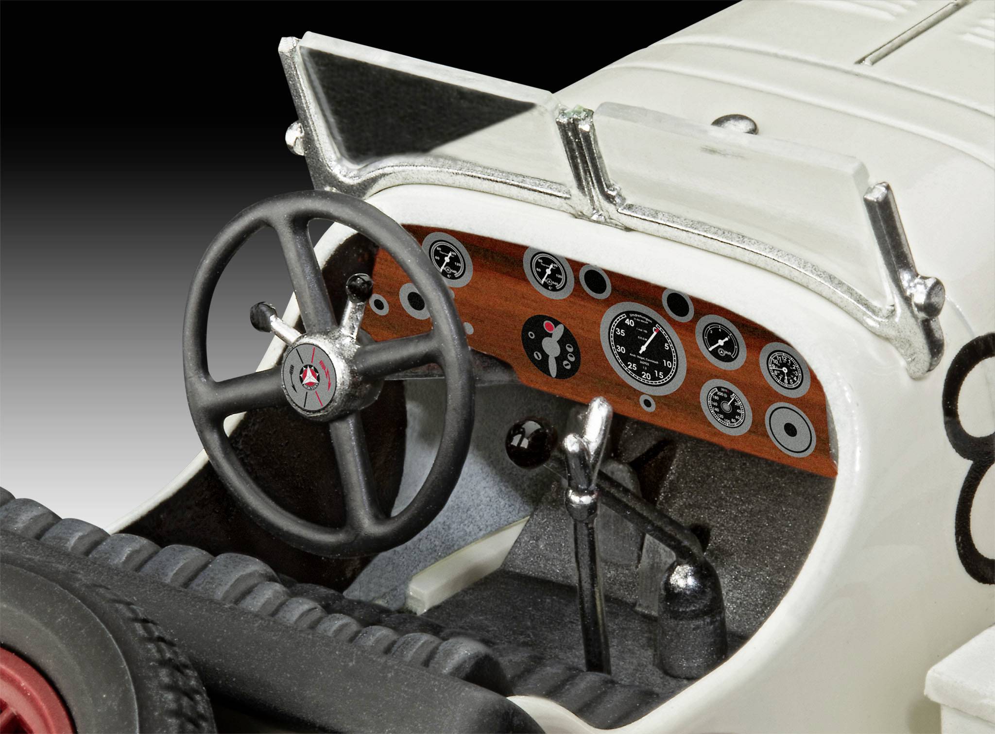 Interior view of a classic car cockpit with steering wheel, dashboard, and various instrument displays.