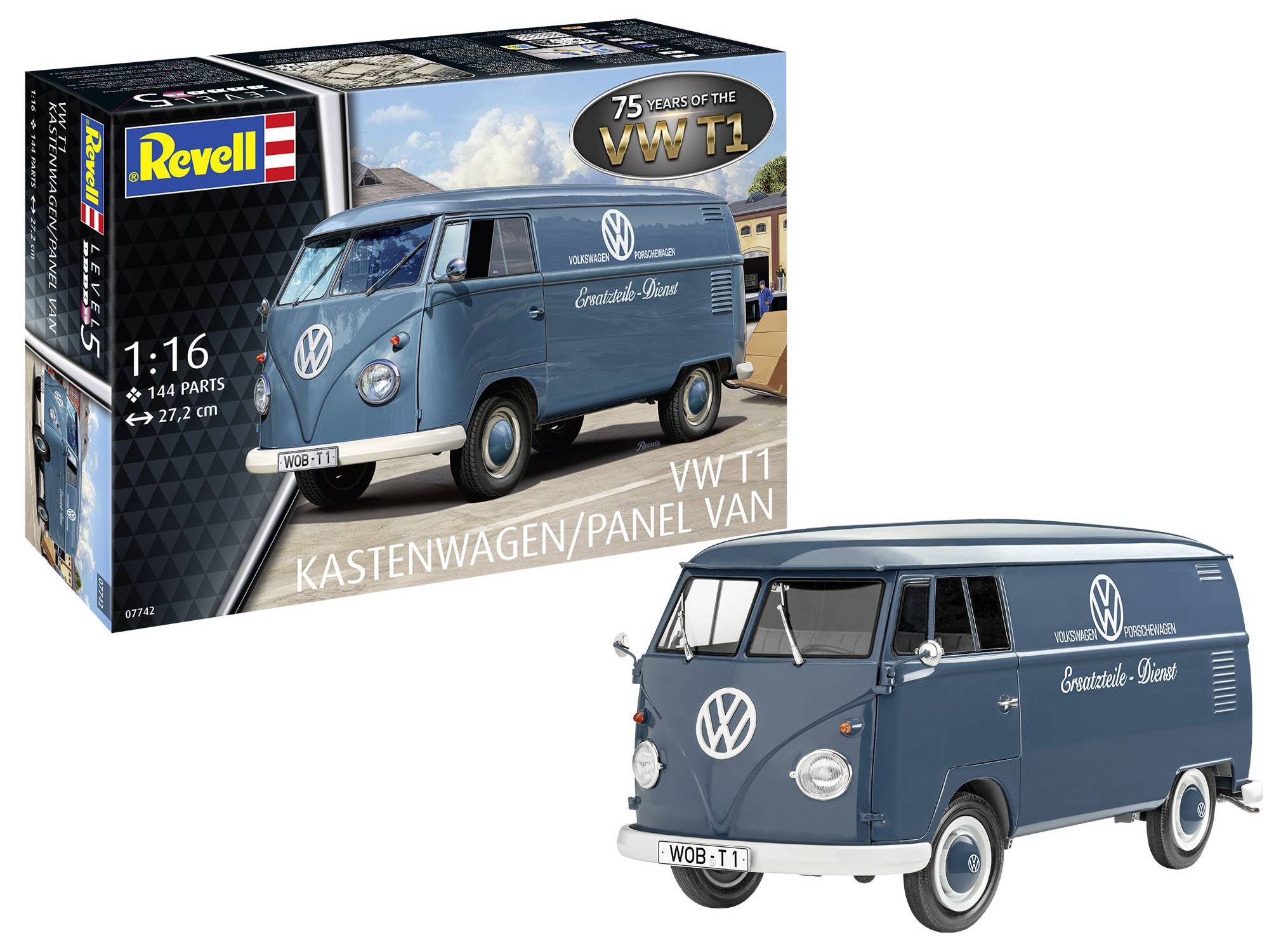 Box containing a blue VW T1 model car, scale 1:16. Text: '75 Years of the VW T1', 'Panel Van'. Includes 144 parts.