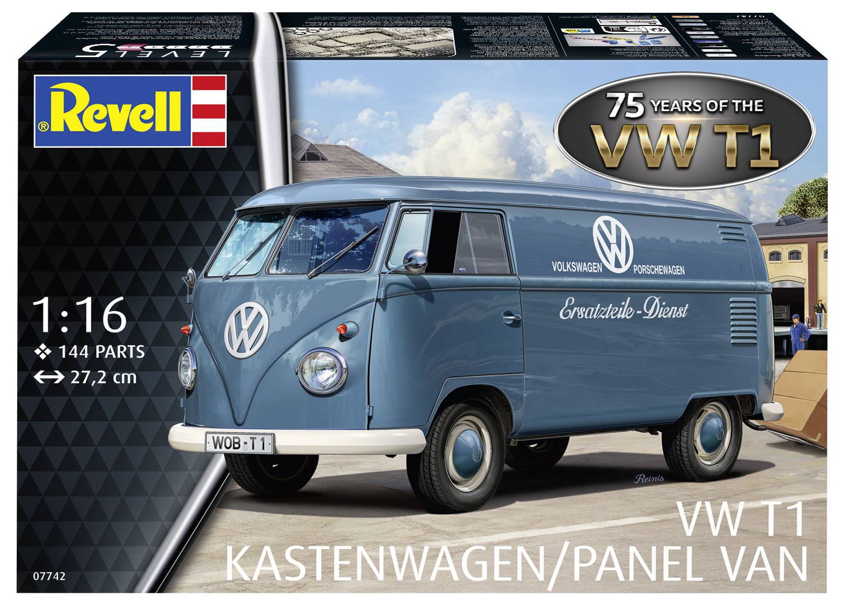 Packaging for a 1:16 scale model kit of a VW T1. Print reads '75 Years of the VW T1', blue vehicle, 144 parts.