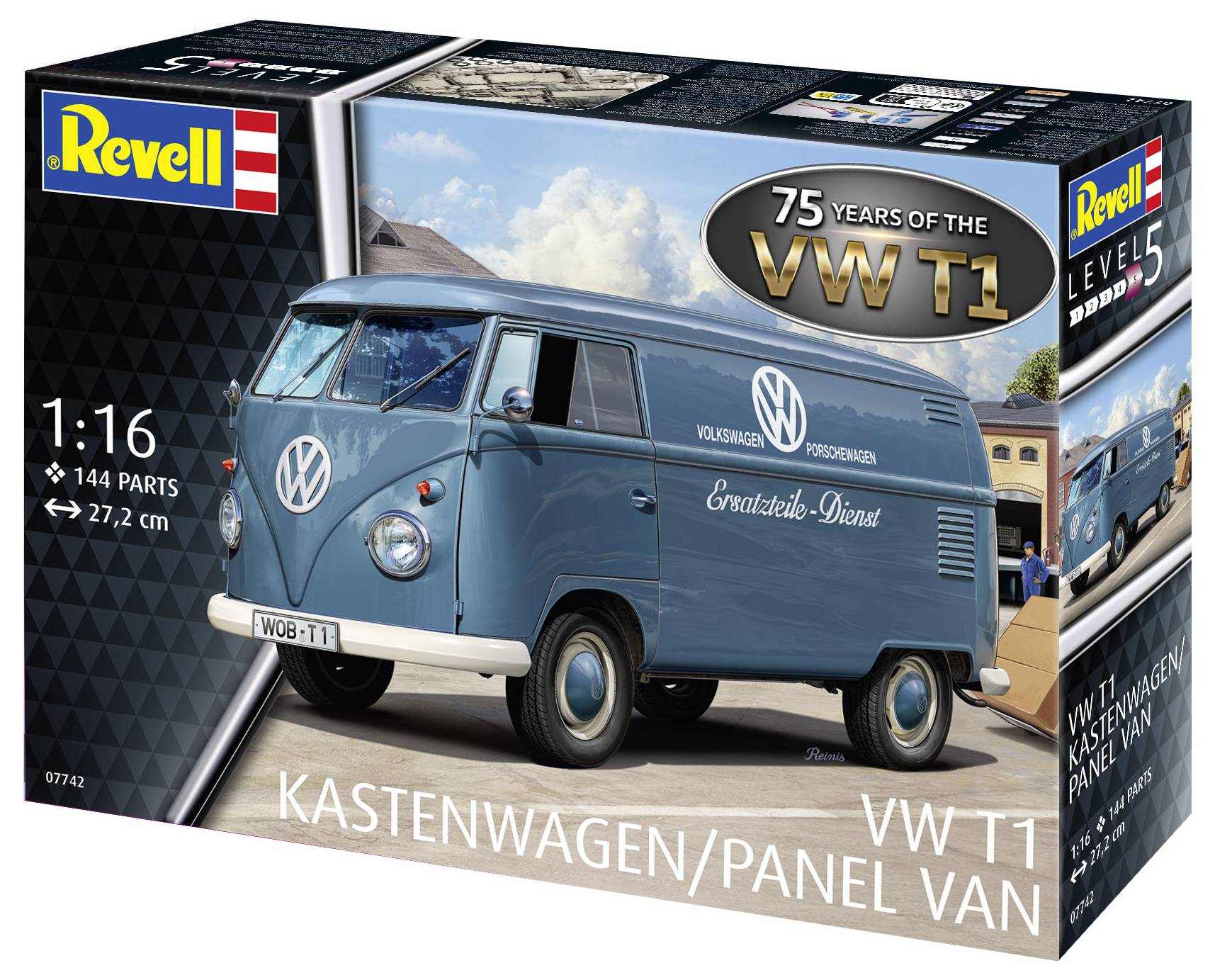 Model kit of a VW T1 panel van at 1:16 scale by Revell. Packaging shows the finished model and the note '75 Years of the VW T1'. Contains 144 parts.