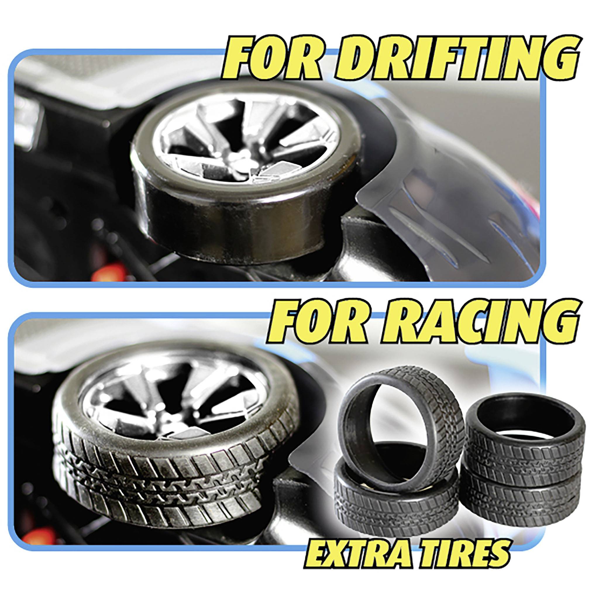 Toy car with two tyre types: Smooth tyres on top 'For Drifting', treaded tyres below 'For Racing'. Text 'Extra Tyres'.