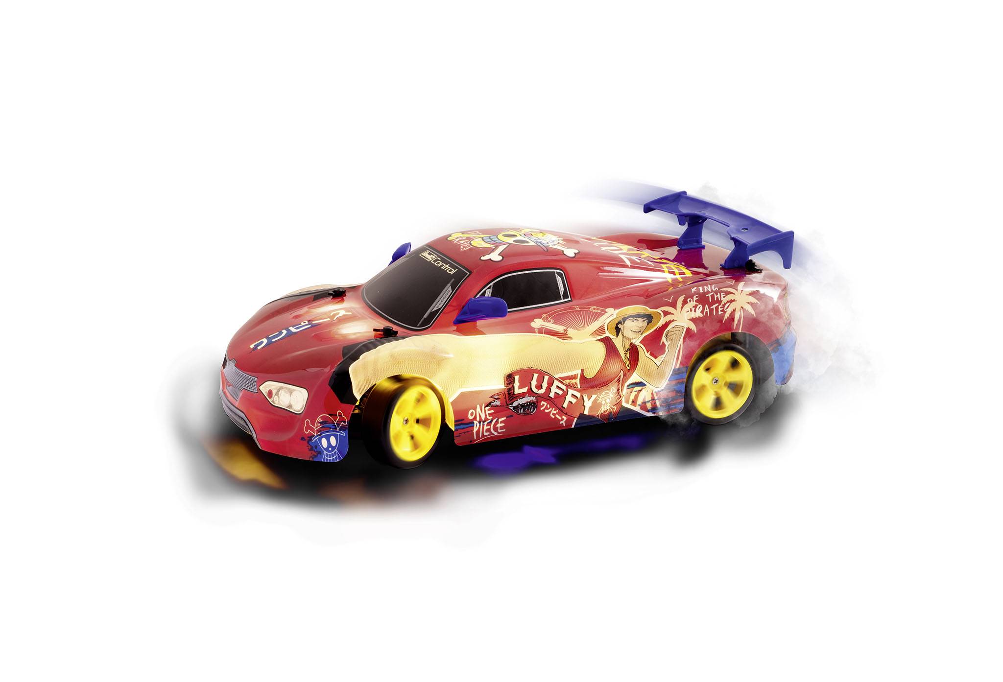 Toy car in red with yellow wheels, illustrated with a pirate motif, depicting dynamism through simulated speed.