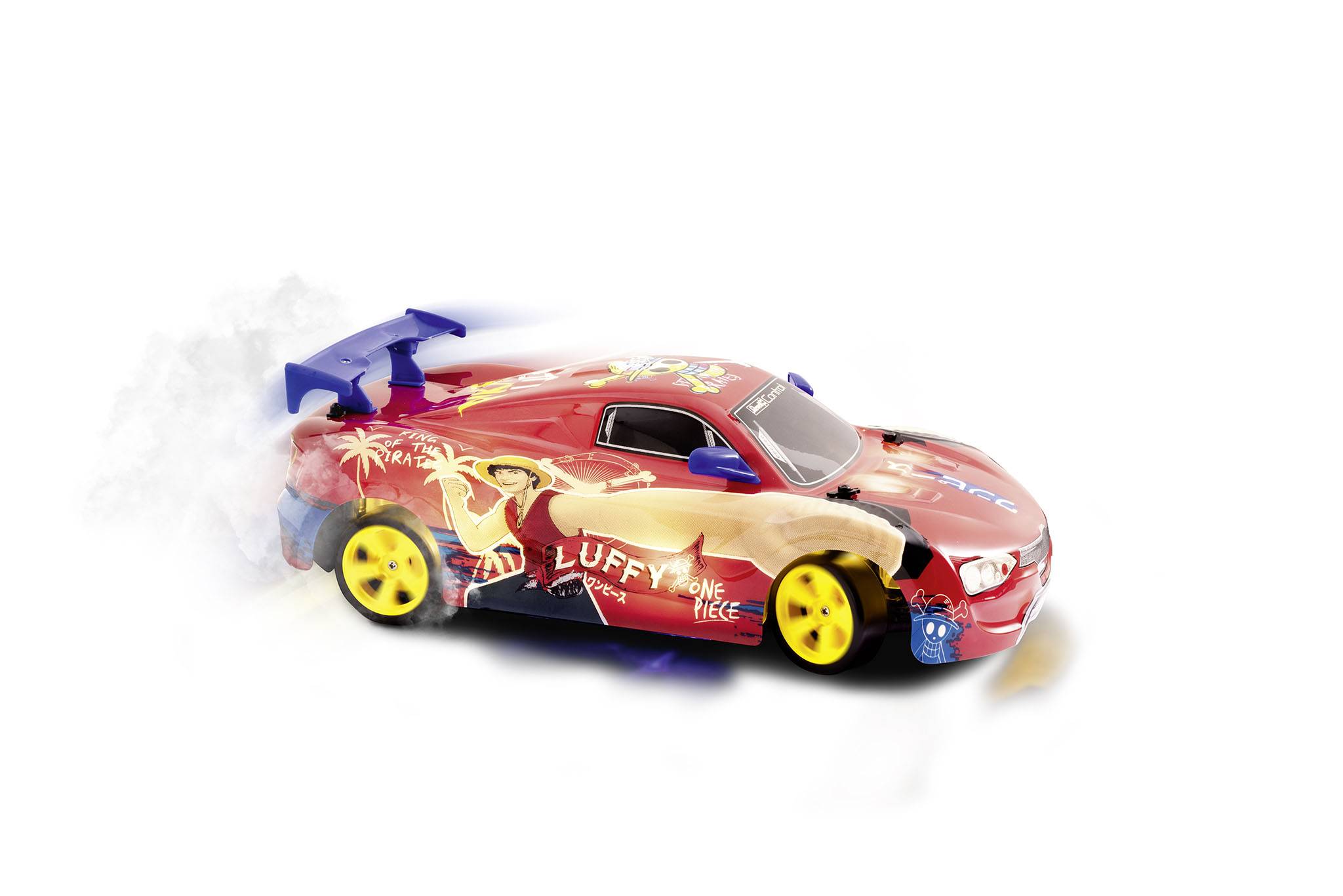 Toy car with 'Luffy' design from anime series, in red with yellow and blue accents. Racing style with rear spoiler, smoke simulates speed.