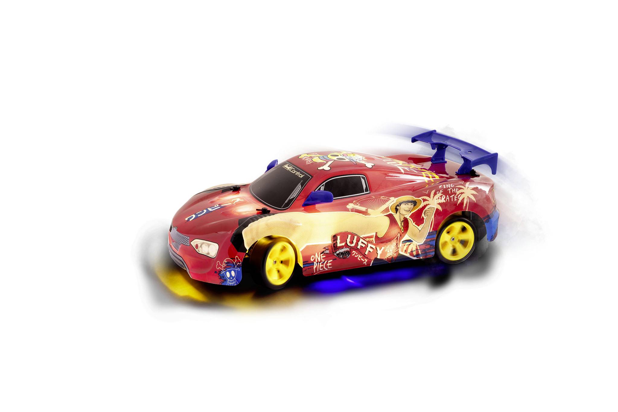 A red toy car with yellow wheels, adorned with colourful graphics and a blue rear spoiler, speeds off to the left.