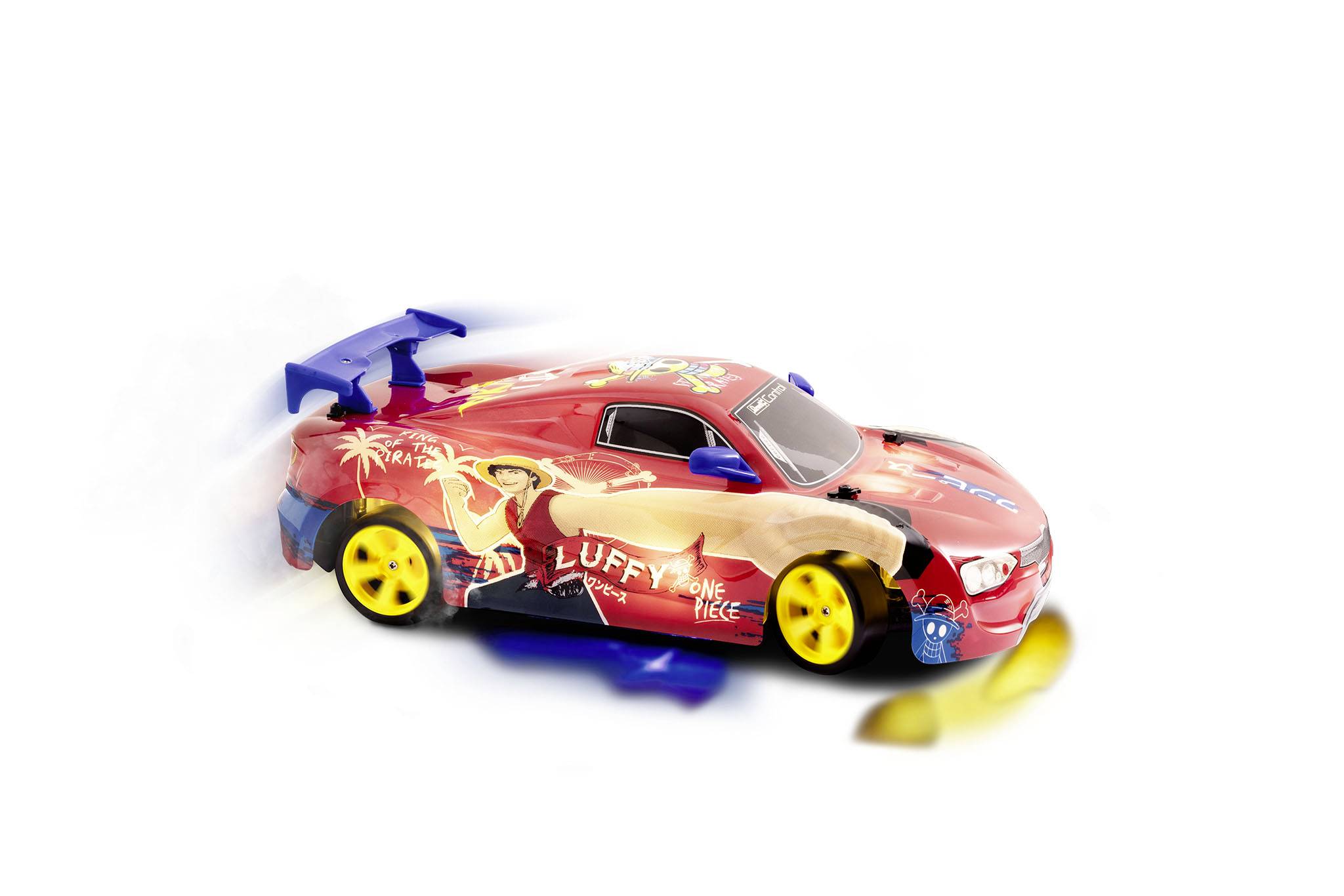 A red toy car with blue spoilers and characters from a popular anime on it. Colourful drawings and lettering adorn the sides.