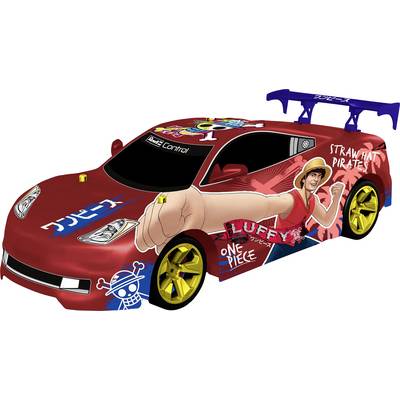 Red model car with yellow wheels, decorated with 'One Piece' graphics, featuring Luffy and the inscription 'Straw Hat Pirates'.