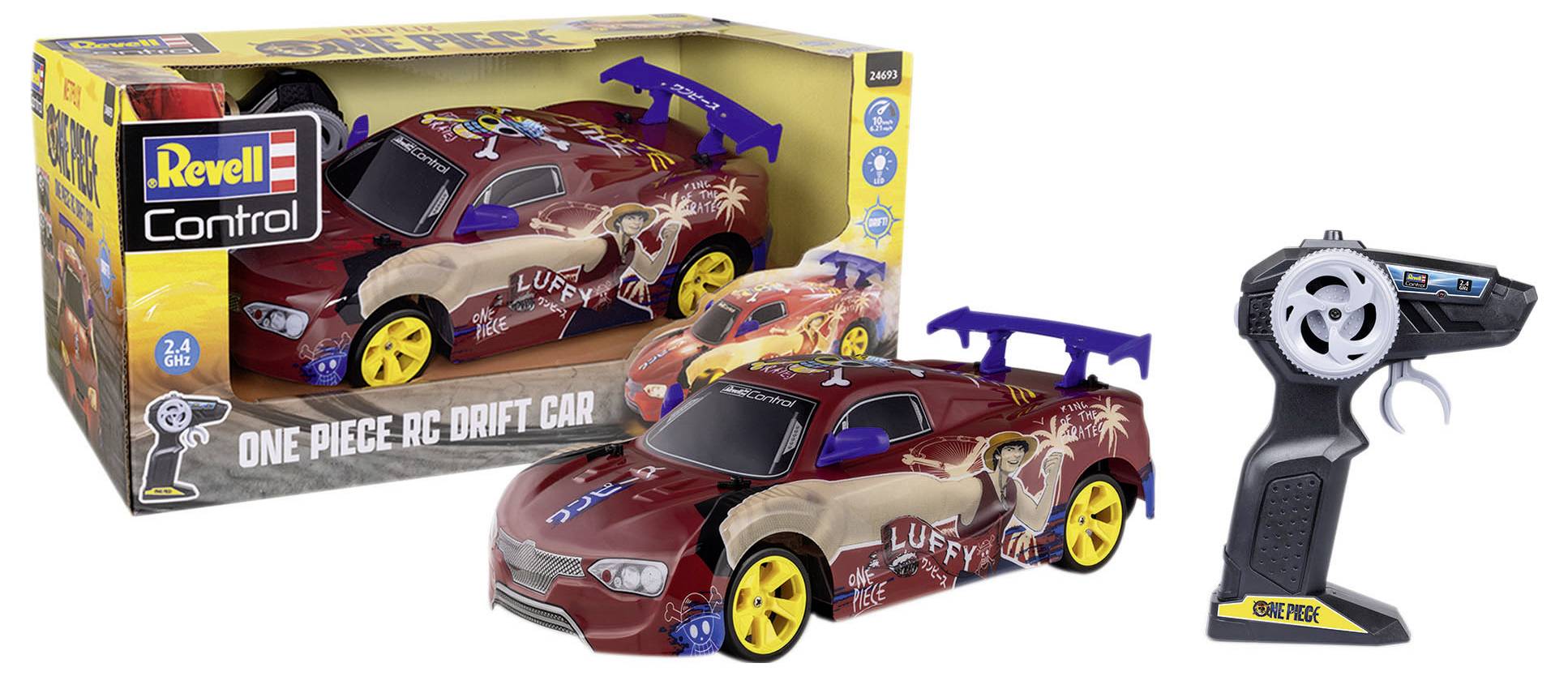 RC Drift Car with 'One Piece' Design, packaged with Remote Control. Colourful graphic of an anime character on the bodywork.