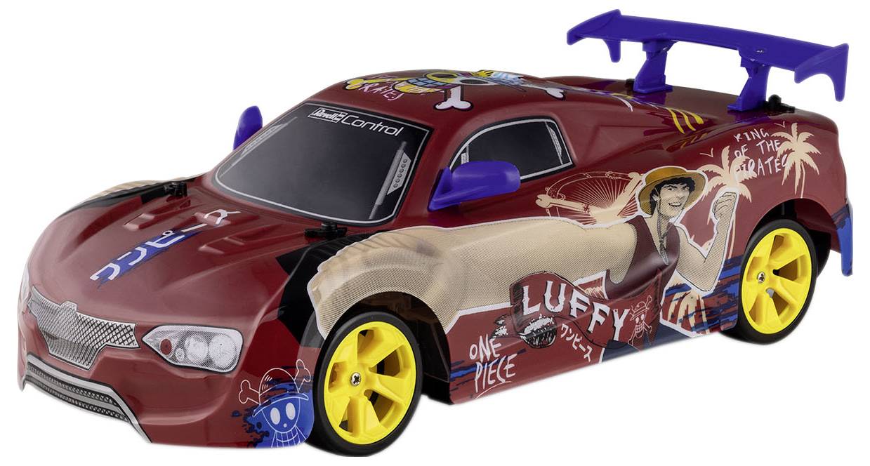 Toy car with a striking 'One Piece' graphic and yellow wheels. The main character in a pirate costume is prominently depicted.