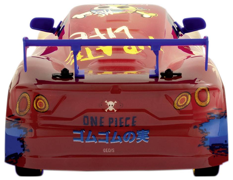Red toy car with a 'One Piece' logo on the roof and Japanese characters on the back. It has blue accents.