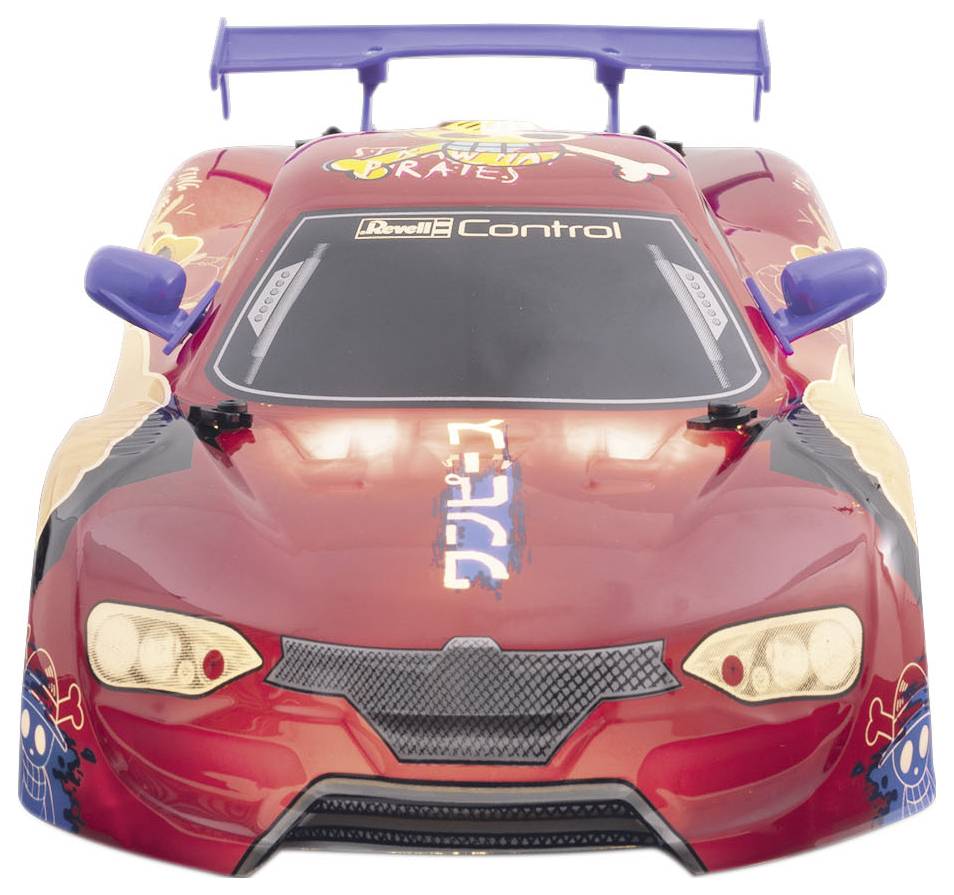 A red-painted toy car with pirate symbol stickers and blue wing mirrors.