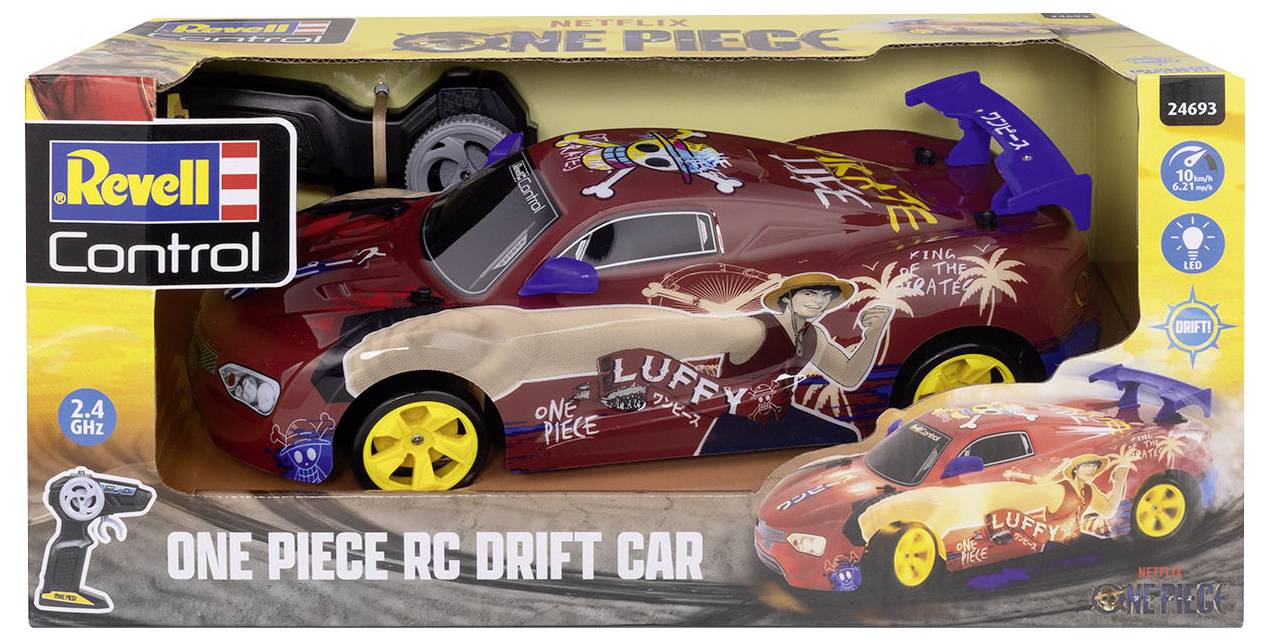 'Revell Control One Piece RC Drift Car' in a package with remote control. The car features 'One Piece' characters and designs.