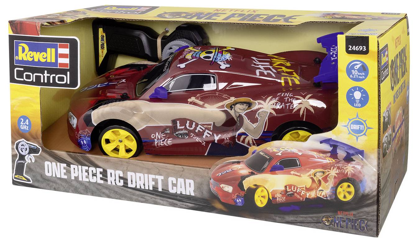 Remote-controlled car in the design of a 'One Piece' character, packaged in a box with controller. Colours: Red, Yellow, Brown. Cool stickers.