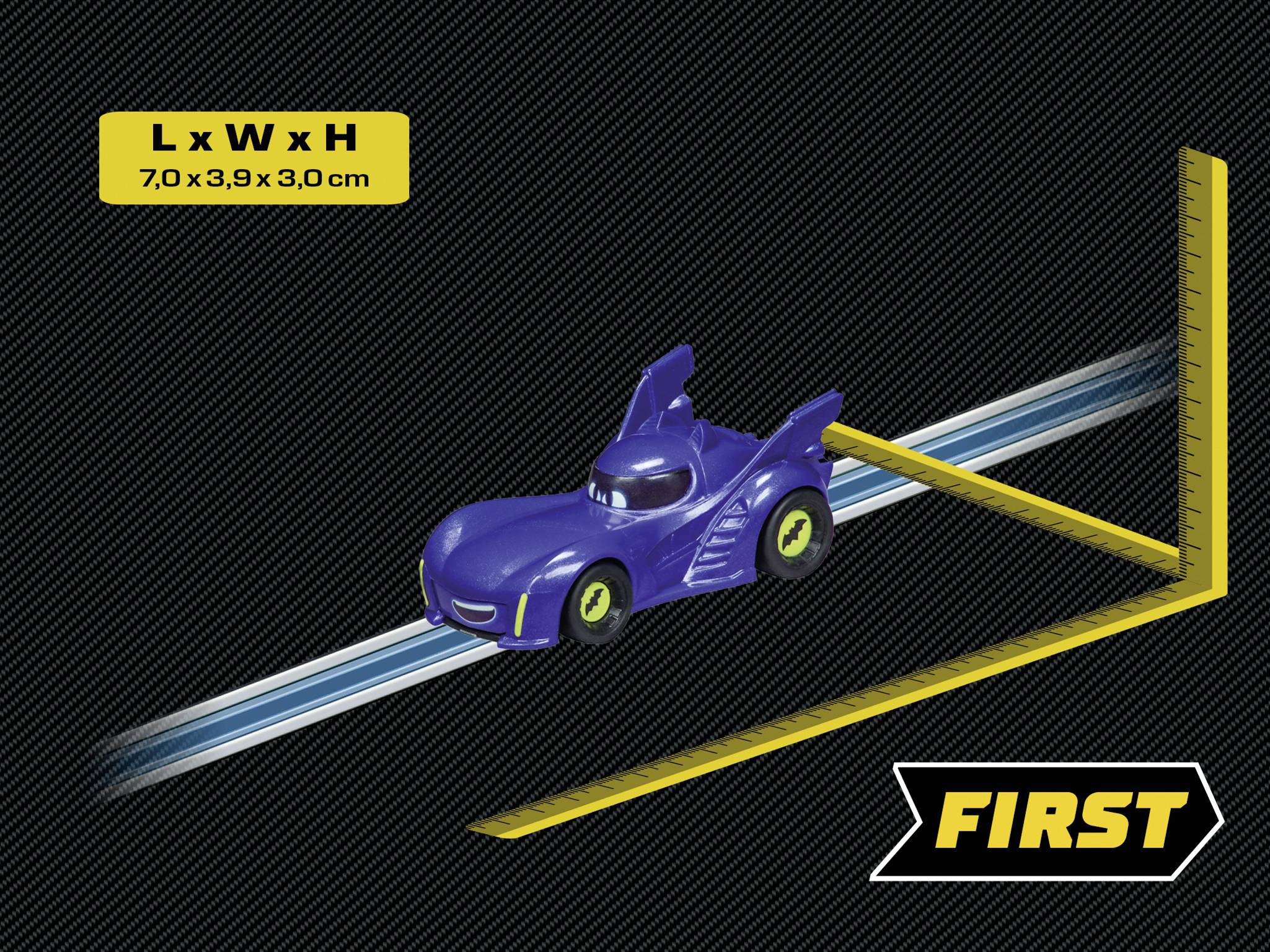 A blue toy car on an angled track, dimensions: 7.0 x 3.9 x 3.0 cm, with 'FIRST' lettering in the corner.