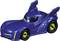 Blue toy car with a futuristic design featuring yellow headlights and a Bat symbol on the tyres.