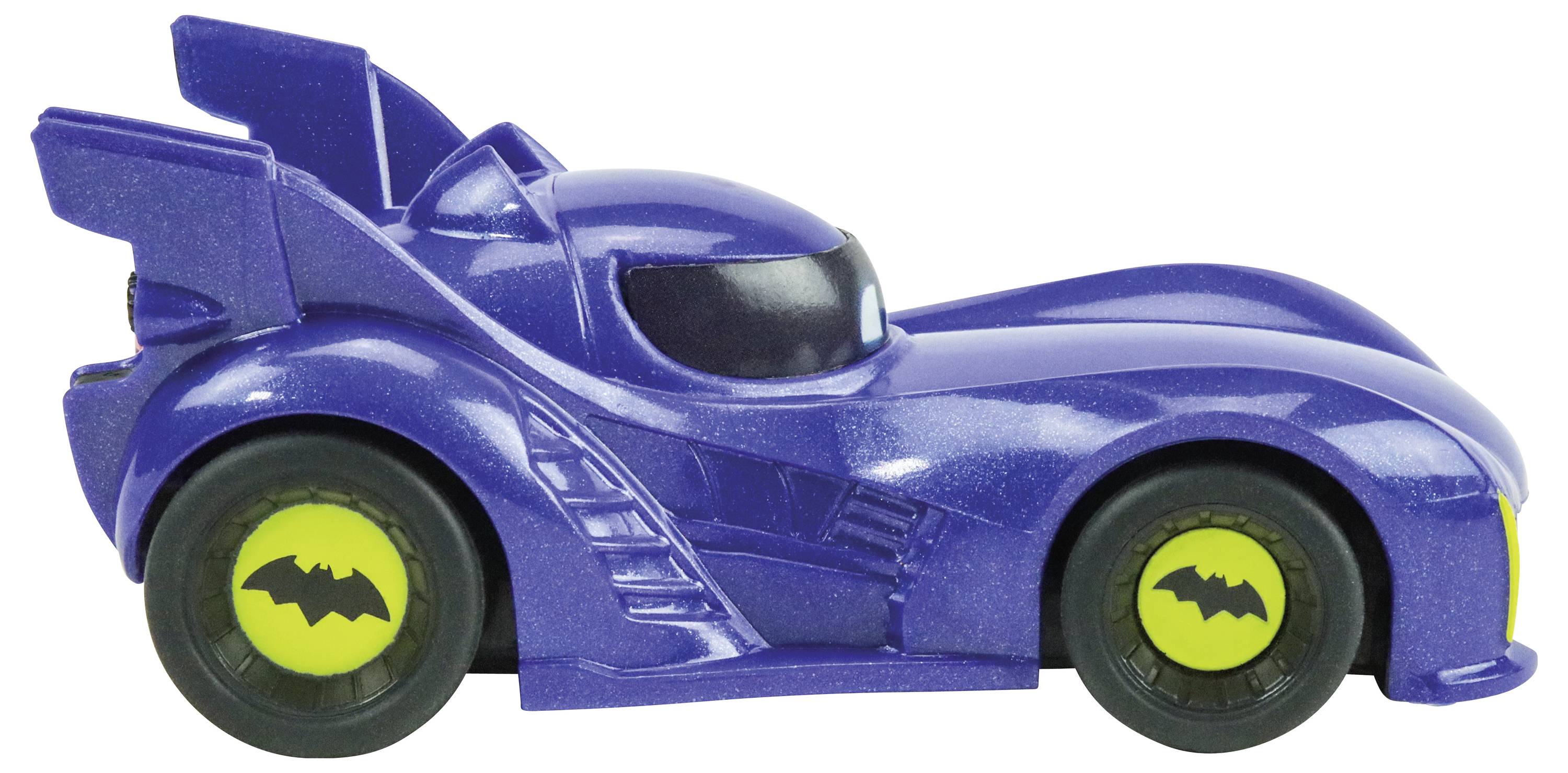 A small blue toy car in the shape of the Batmobile, with yellow wheels and a black bat logo on it.