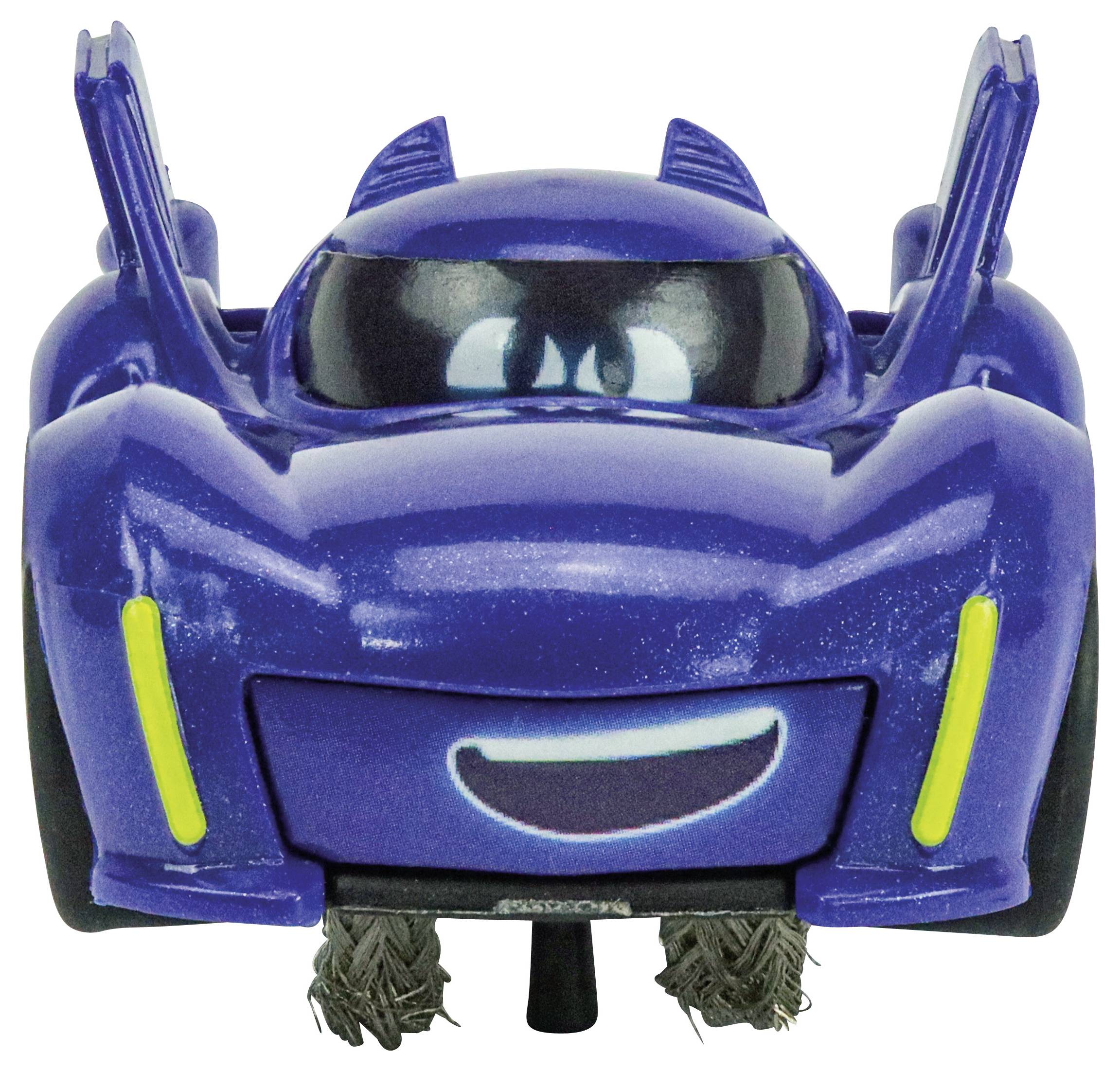 A blue toy car with a smiling face, black tyres, and yellow headlamps, resembling a lively character.