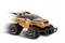 An orange and black toy car with the inscription 'GEAR MONSTER' is moving quickly, evident from the motion blur on its wheels.