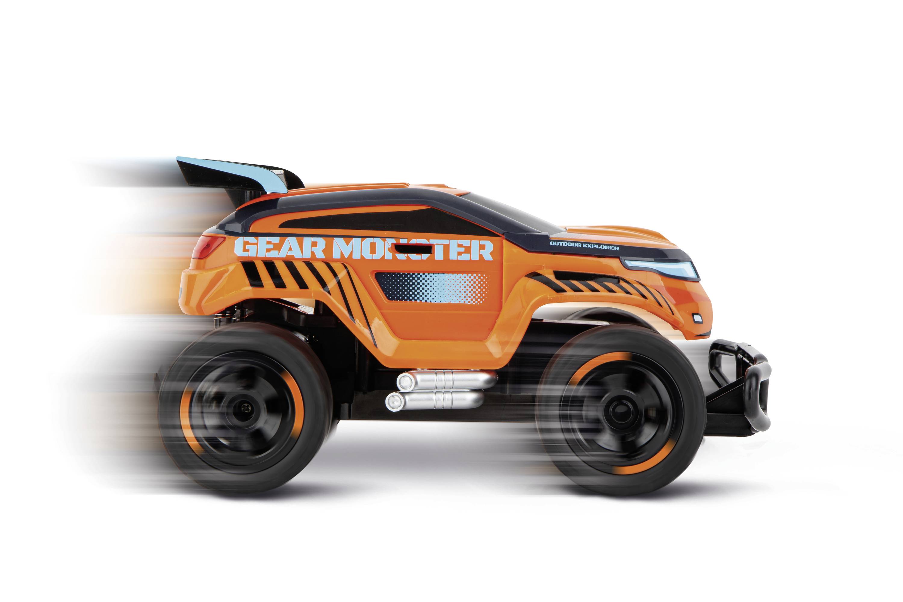 An orange toy car with the writing 'Gear Monster' speeds quickly to the left. It has large tyres and a futuristic style.