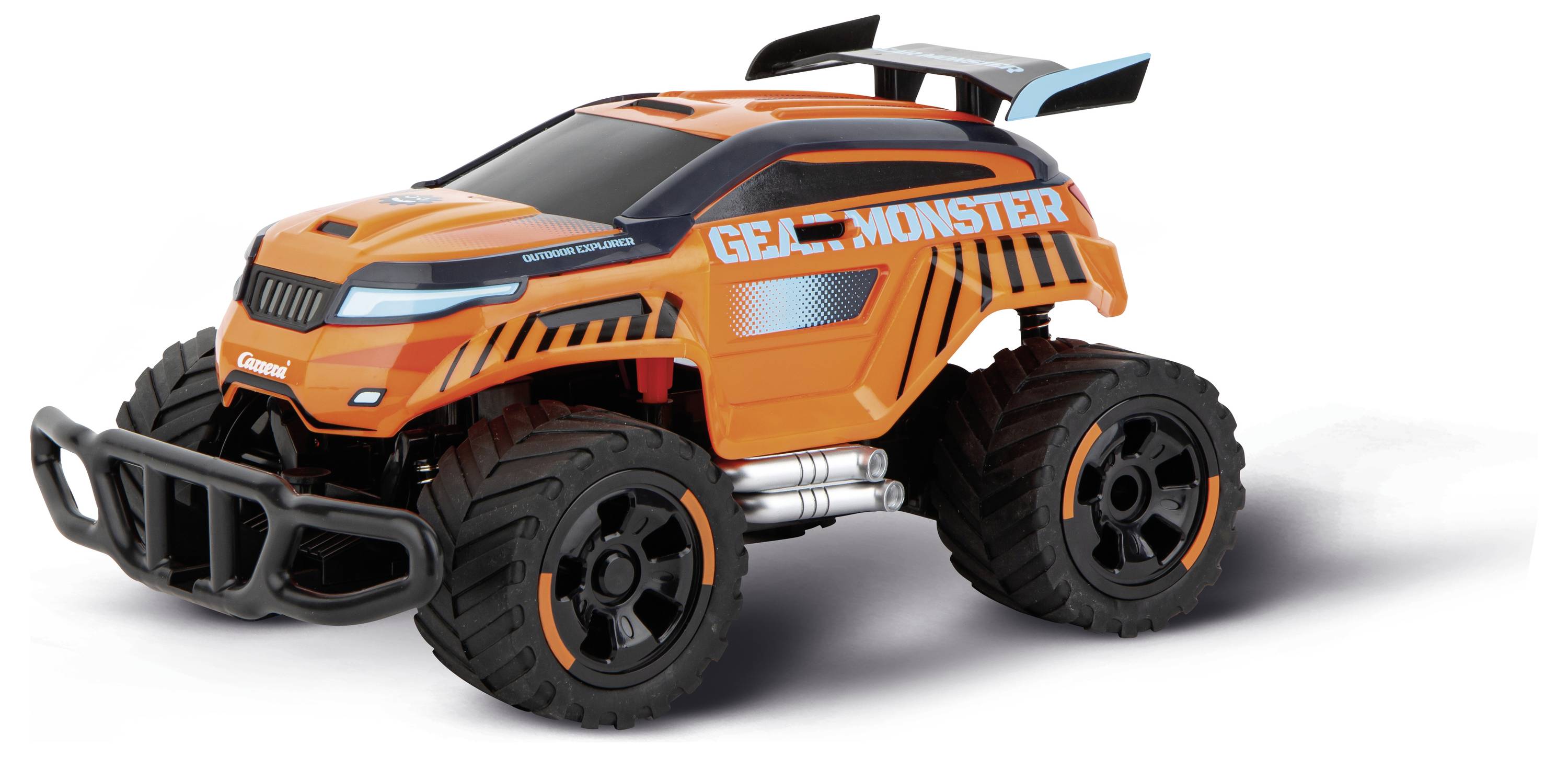 Toy car in an off-road style, bright orange with blue accents. 'Giga-Monster' written on the side. Large, robust tyres.