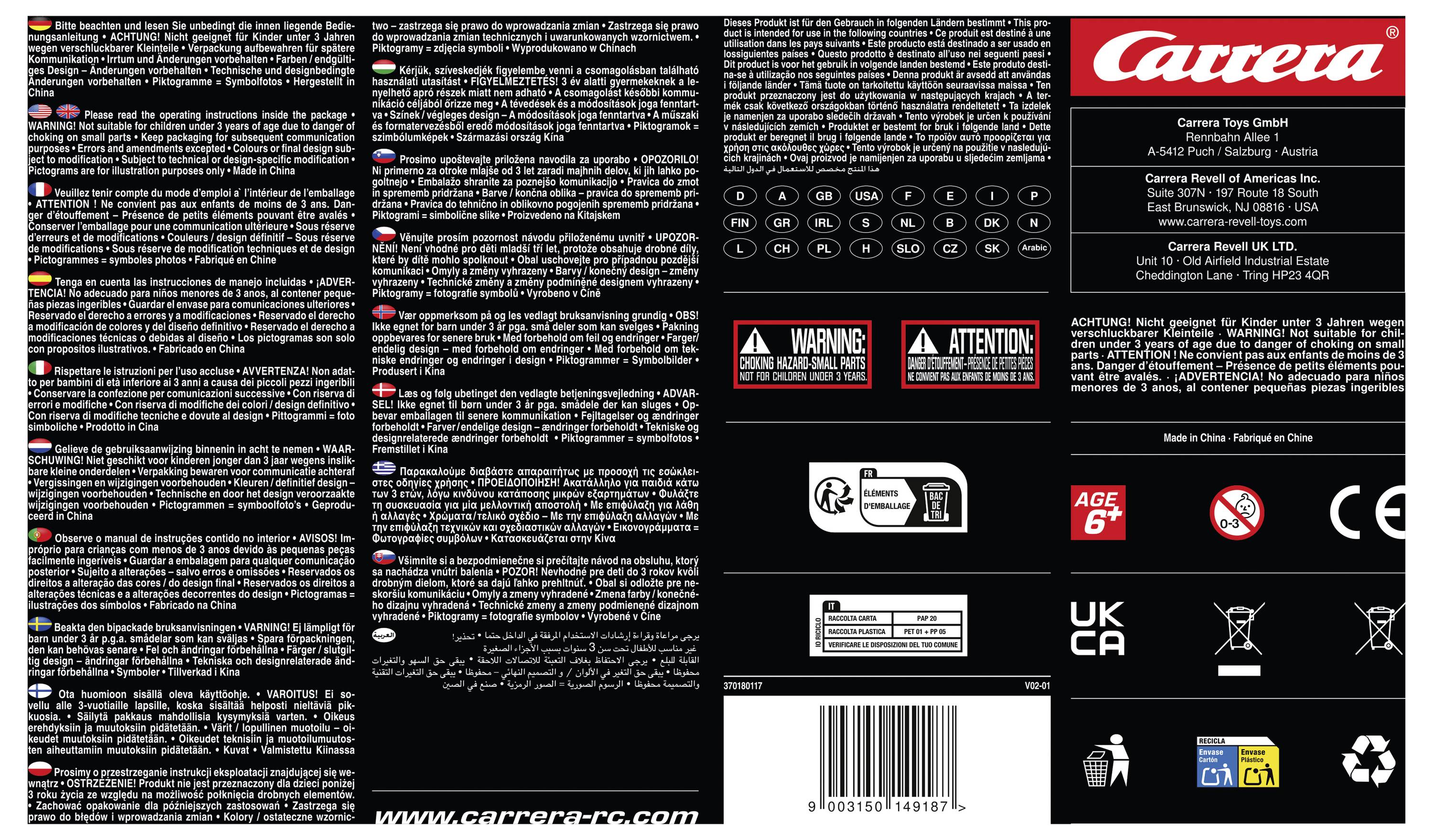 'Carrera Slot Car Set packaging with text in multiple languages, warning notices, manufacturer information, and product safety logos. Suitable for ages 6 and up.'