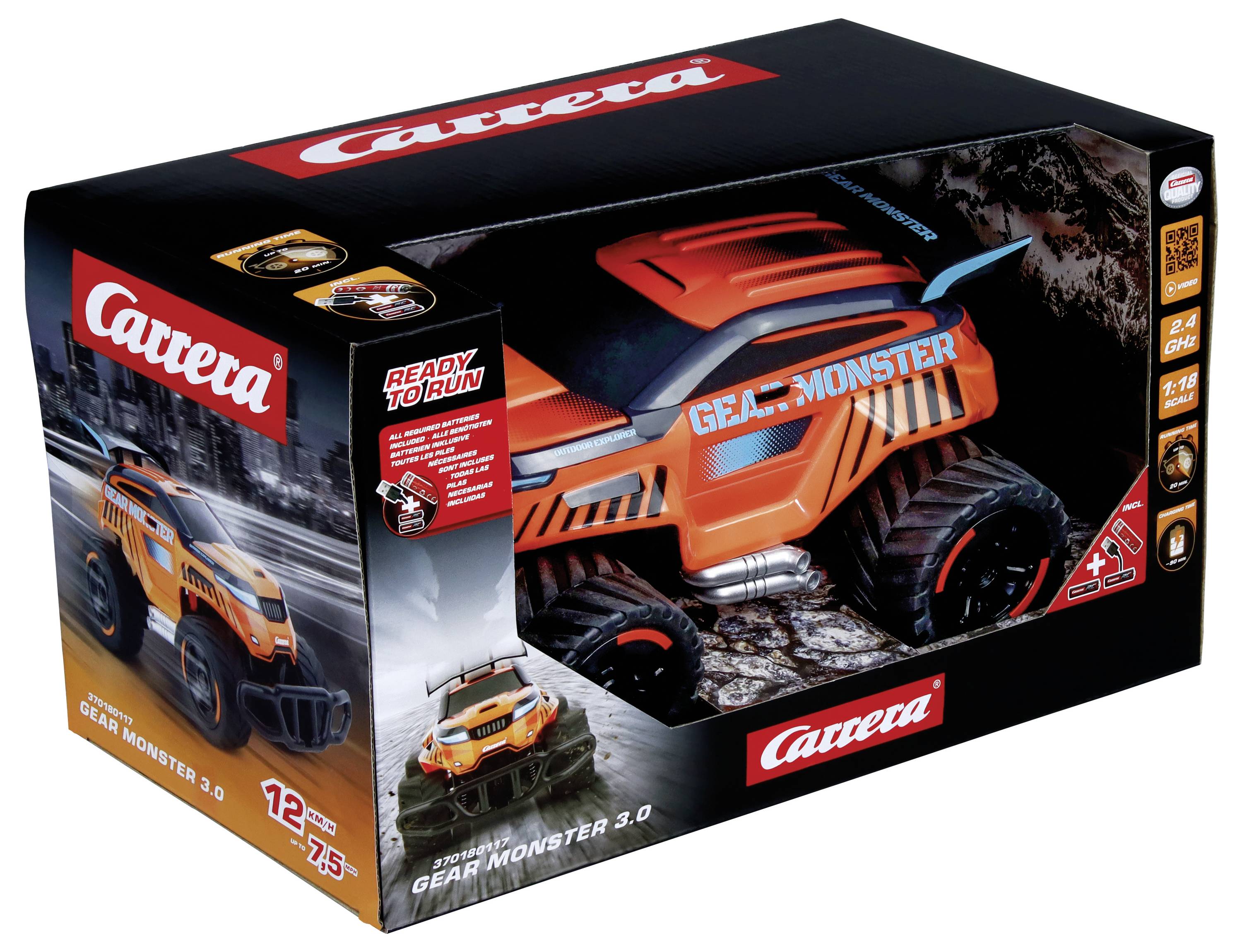 Cardboard packaging of a Carrera off-road vehicle toy, model 'Gear Monster 3.0', with an image of the orange-black vehicle and technical details.