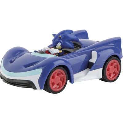 A blue toy car with red wheels and a figure with blue spikes at the wheel, similar to a famous video game character.