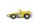 Yellow toy car with a figure driving quickly to the right. Rear lights are illuminated, motion is evident. Character focused at the wheel.
