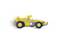 A yellow toy car with an animated character driving quickly. Fast motion lines indicate movement.
