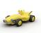 A yellow toy car with large black wheels and a spoiler. A cartoon character is sitting behind the wheel.