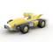A fox-like creature drives a yellow racing car with the number '111'. The car is moving quickly to the right.