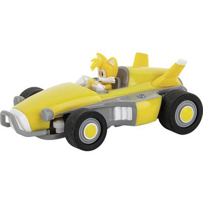 A yellow toy racing car figure with large rear wheels. An animated character with orange ears sits at the wheel of the vehicle.