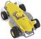 A yellow toy car with a black spoiler and six wheels. A yellow character sits at the wheel. Toy racing car.