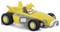 Yellow toy car with large wheels, with a figure featuring yellow hair and fox ears sitting inside, against a white background.