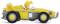 Toy car in racing car style, yellow with grey accents. A small figure with yellow hair sits at the wheel.
