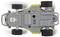 A grey and yellow toy car turned upside down, showing the underside with four black wheels and a detailed base.